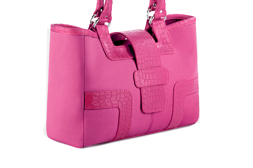 Fuschia pink women's dress handbag, matching pumps and belts. Front view - Florence KOOIJMAN